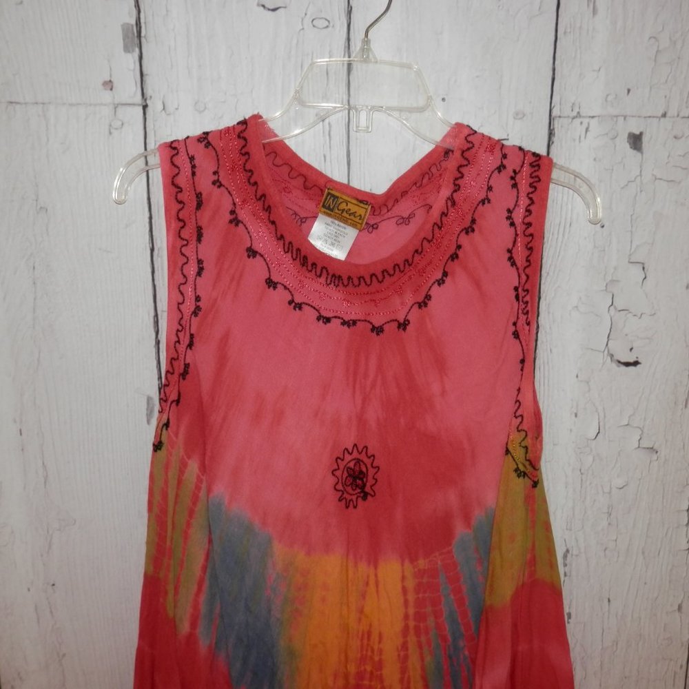 In Gear Tie Dye OSFM Floral Embroidered Boho Cover Up Sleeveless Sundress 3558 - Picture 2 of 6